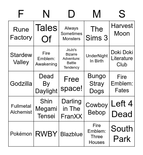 Ollie's Fandoms Bingo Card