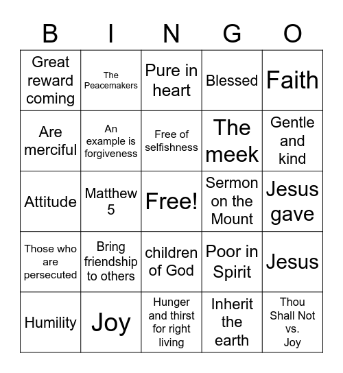 Beatitudes Bingo Card