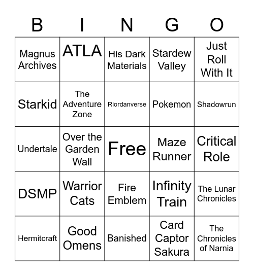 Shandom Bingo Card