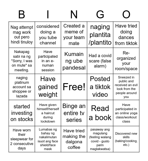 Lockdown Edition Bingo Card