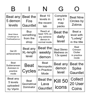 Geometry Dash Bingo Card