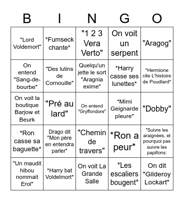 Harry Potter 2 Bingo Card