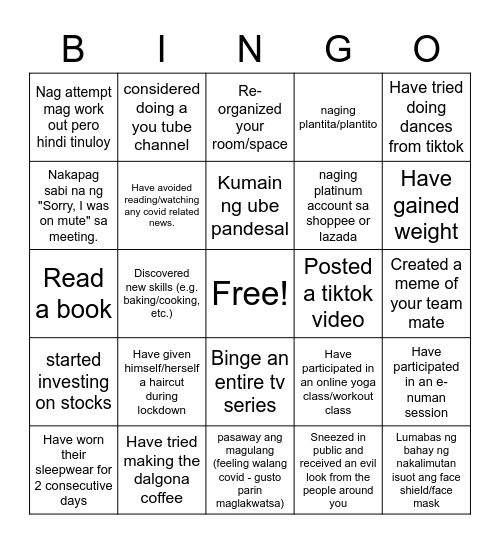 Lockdown Edition Bingo Card
