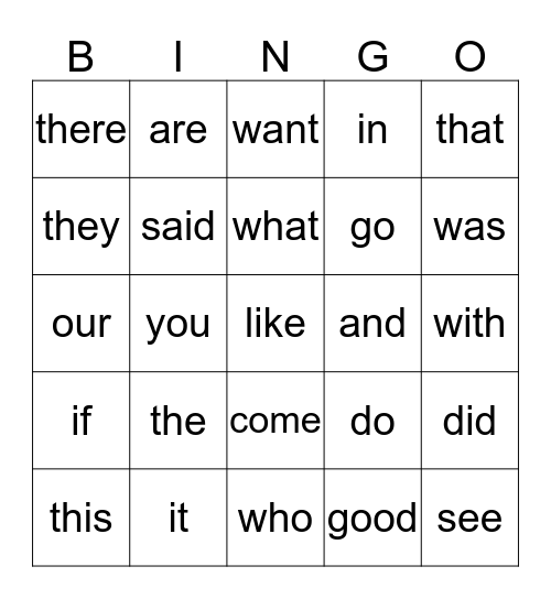 Sight Word Bingo Card
