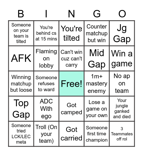 League KEKW Bingo Card