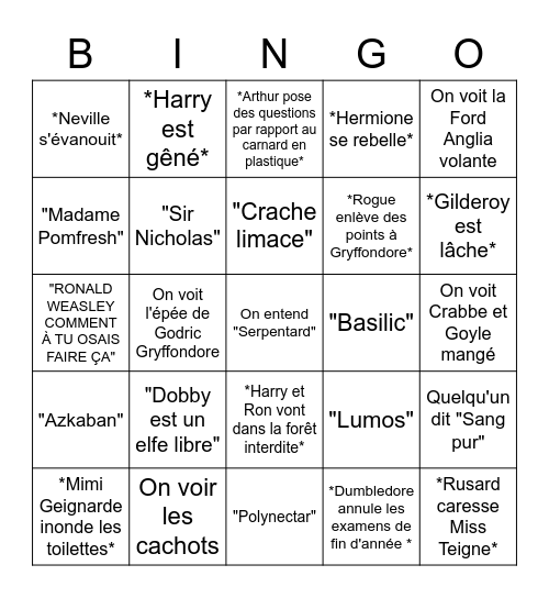 Harry Potter 2 Bingo Card