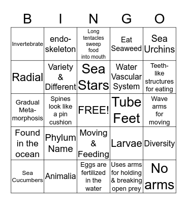LIFE SCIENCE ECHINODERMS Bingo Card