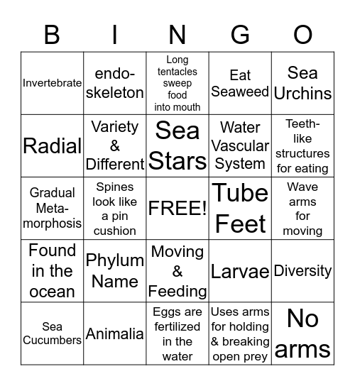 LIFE SCIENCE ECHINODERMS Bingo Card