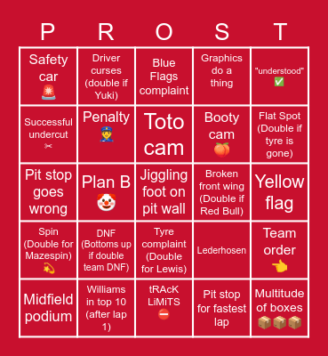 Austrian GP 2021 Bingo Card