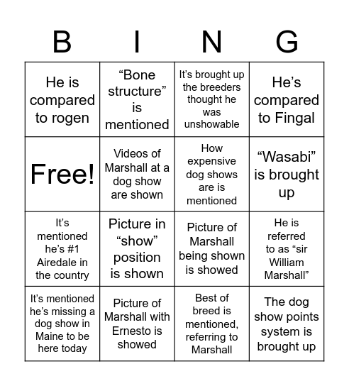 Dog show Bingo Card