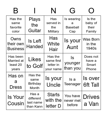 Kann Family Reunion: Find Someone Who... Bingo Card