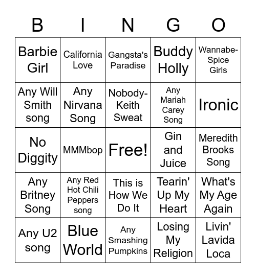 90s on 9 Bingo Card