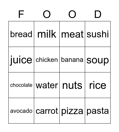 BingFood Bingo Card