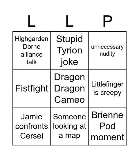 Game of Thrones Season 7 episode 1 Bingo Card