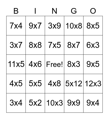 Multiplication Facts 0-12 BINGO Card