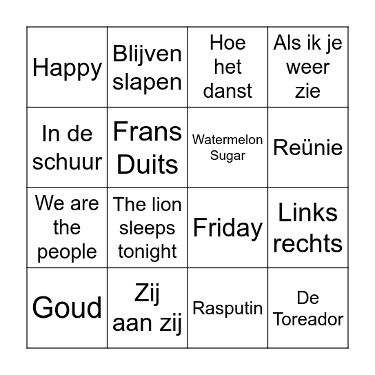 Muziekbingo groep 6 Bingo Card