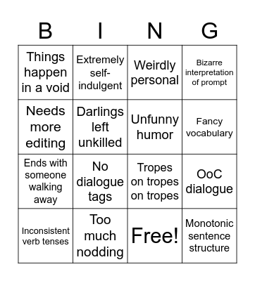 Linnea's Writing Sins Bingo Card