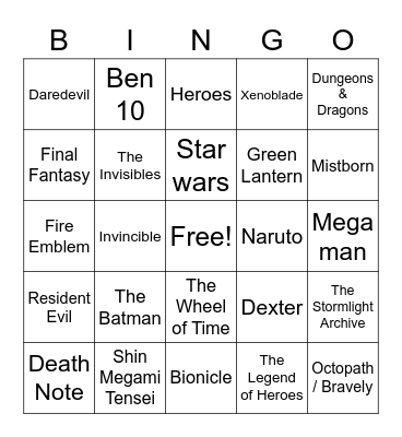 Fandoms Bingo Card