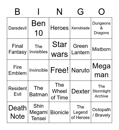 Fandoms Bingo Card