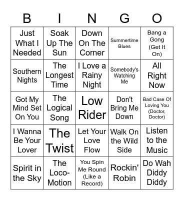 Feel Good Songs Bingo Card