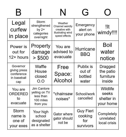 Hurricane/Tropical Storm Bingo Card