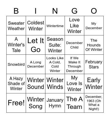 Songs About Winter/Cold Weather Bingo Card