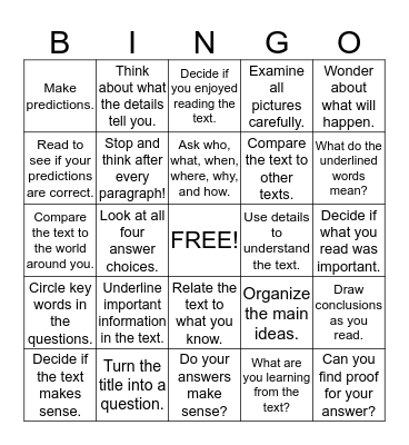 Things Good Readers Do When Taking a Test Bingo Card