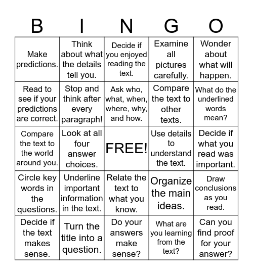 Things Good Readers Do When Taking a Test Bingo Card