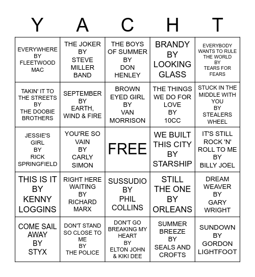 YACHT ROCK Bingo Card