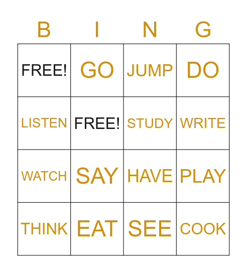 REGULAR/IRREGULAR VERBS Bingo Card