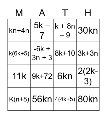 Algebra Revision Bingo Card