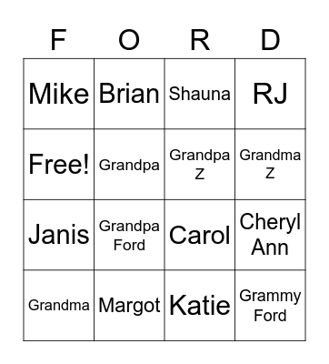 FORD Family Bingo Card