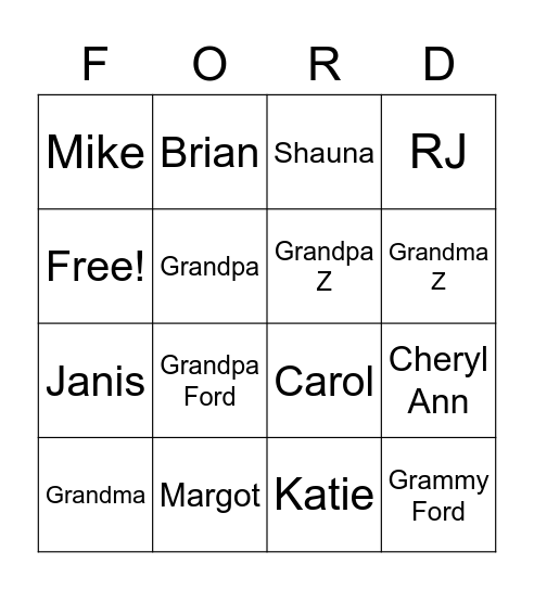 FORD Family Bingo Card