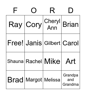 FORD Family Bingo Card