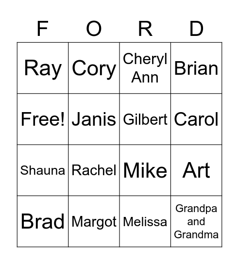 FORD Family Bingo Card