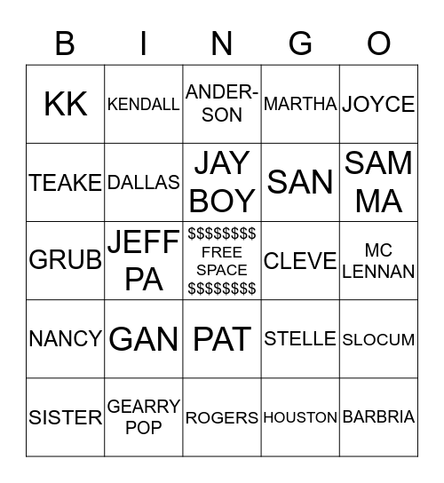 GRUB AND STELLE ROGERS REUNION BINGO Card