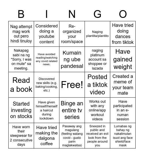 Lockdown Edition Bingo Card
