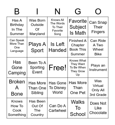 Getting to Know You! Bingo Card