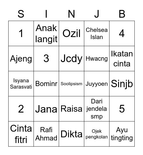 Sinjb Bingo Card