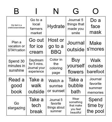 Summer Self Care Bingo Card