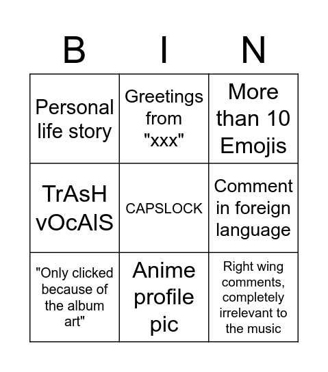 Comment section of black metal uploads on Youtube Bingo Card