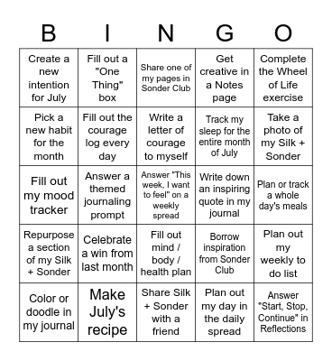 July S+S Journal Bingo Card