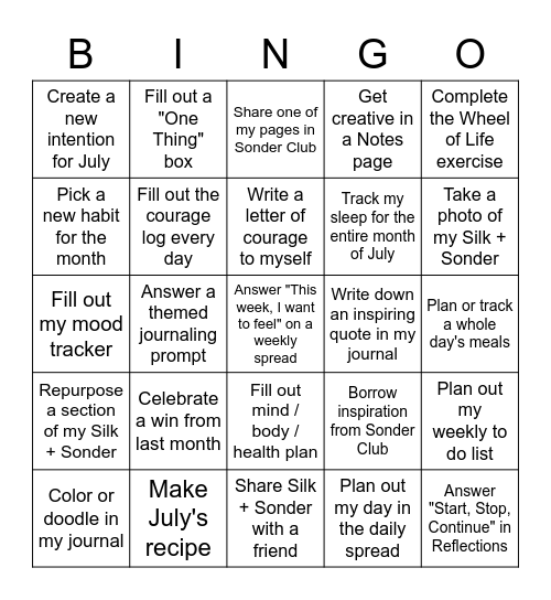 July S+S Journal Bingo Card