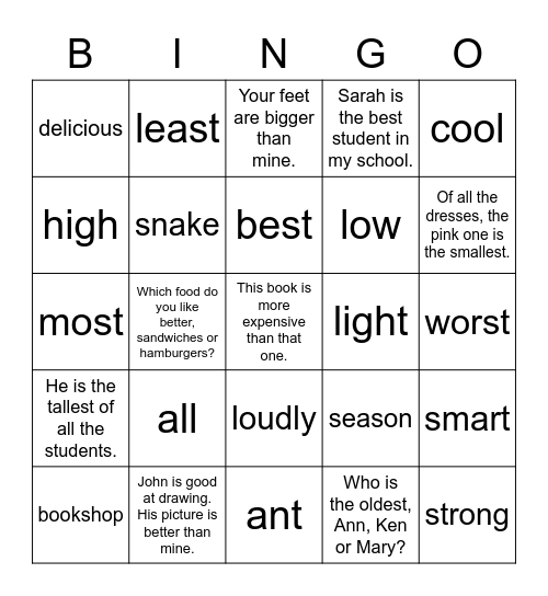 VanThink Grammar 3 Unit 4 Bingo Card