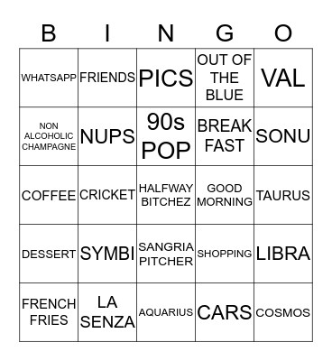 Sonam's bachelorette BINGO 2 Bingo Card