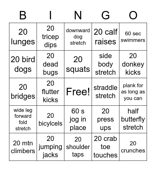 Exercise Bingo Card