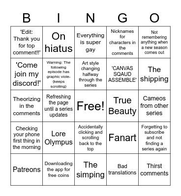 Webtoon starter pack Bingo Card