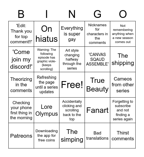 Webtoon starter pack Bingo Card