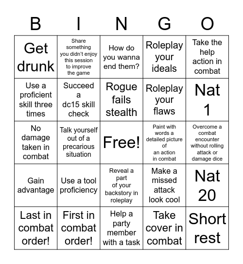 Dungeons and Dragons Bingo Card