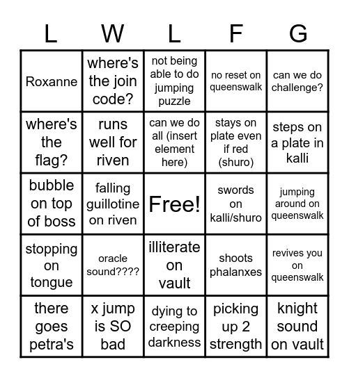 Last Wish LFG Bingo Card